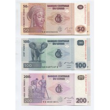 CONGO 2007/13 SERIE DE 3 BILLETES SIN CIRCULAR, UNC